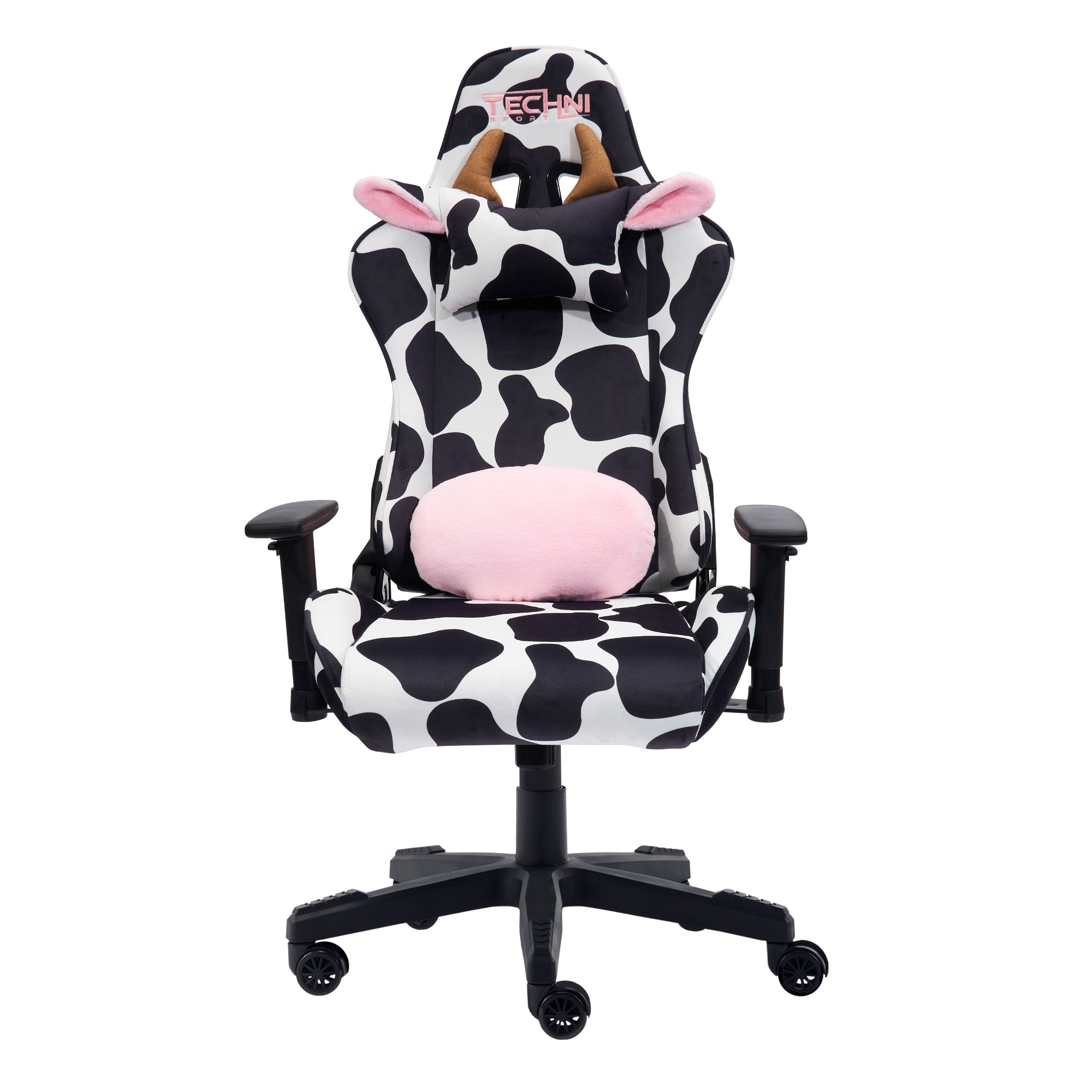 Black White And Pink Cow Print Adjustable Height Swivel Rolling Gaming Chair