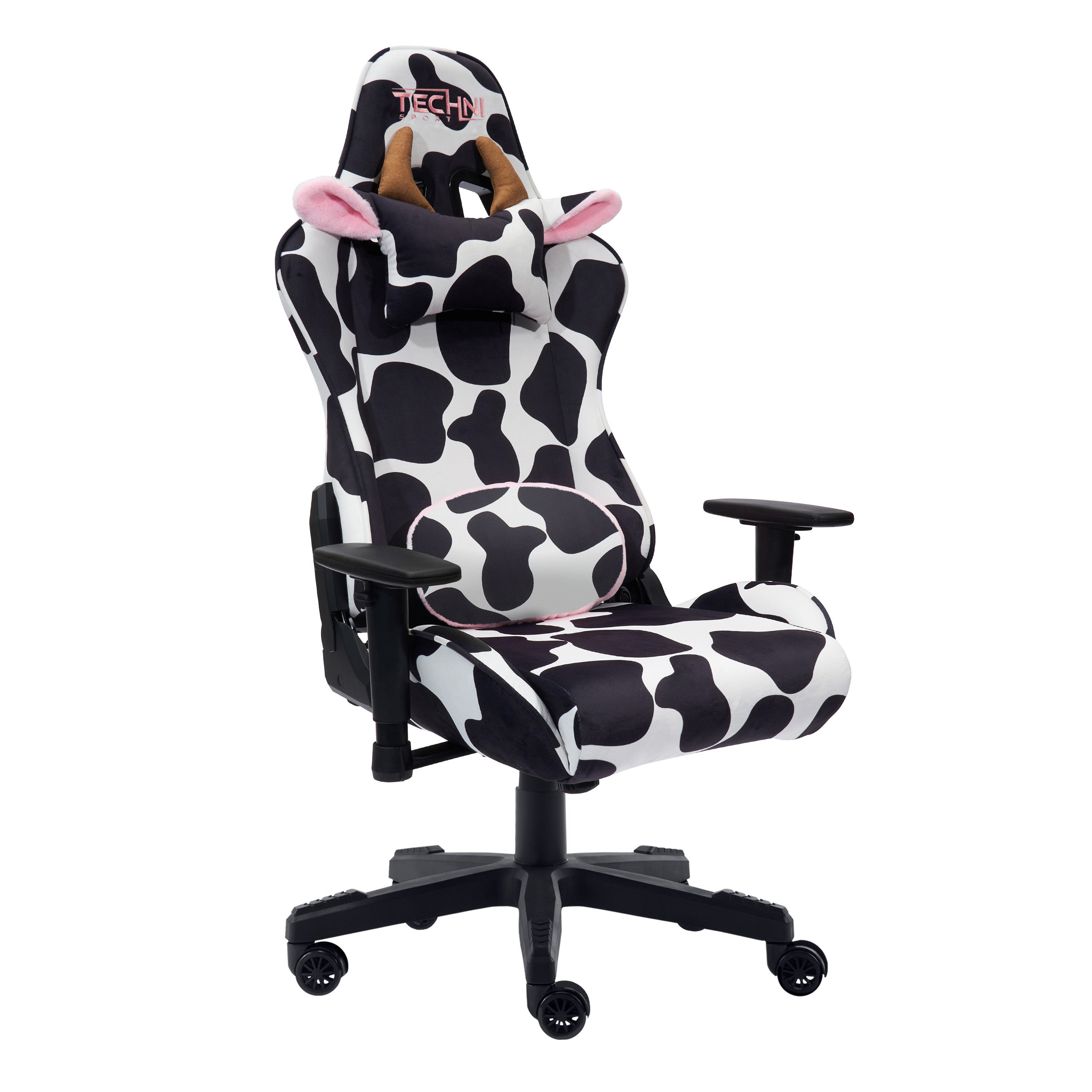 Black White And Pink Cow Print Adjustable Height Swivel Rolling Gaming Chair