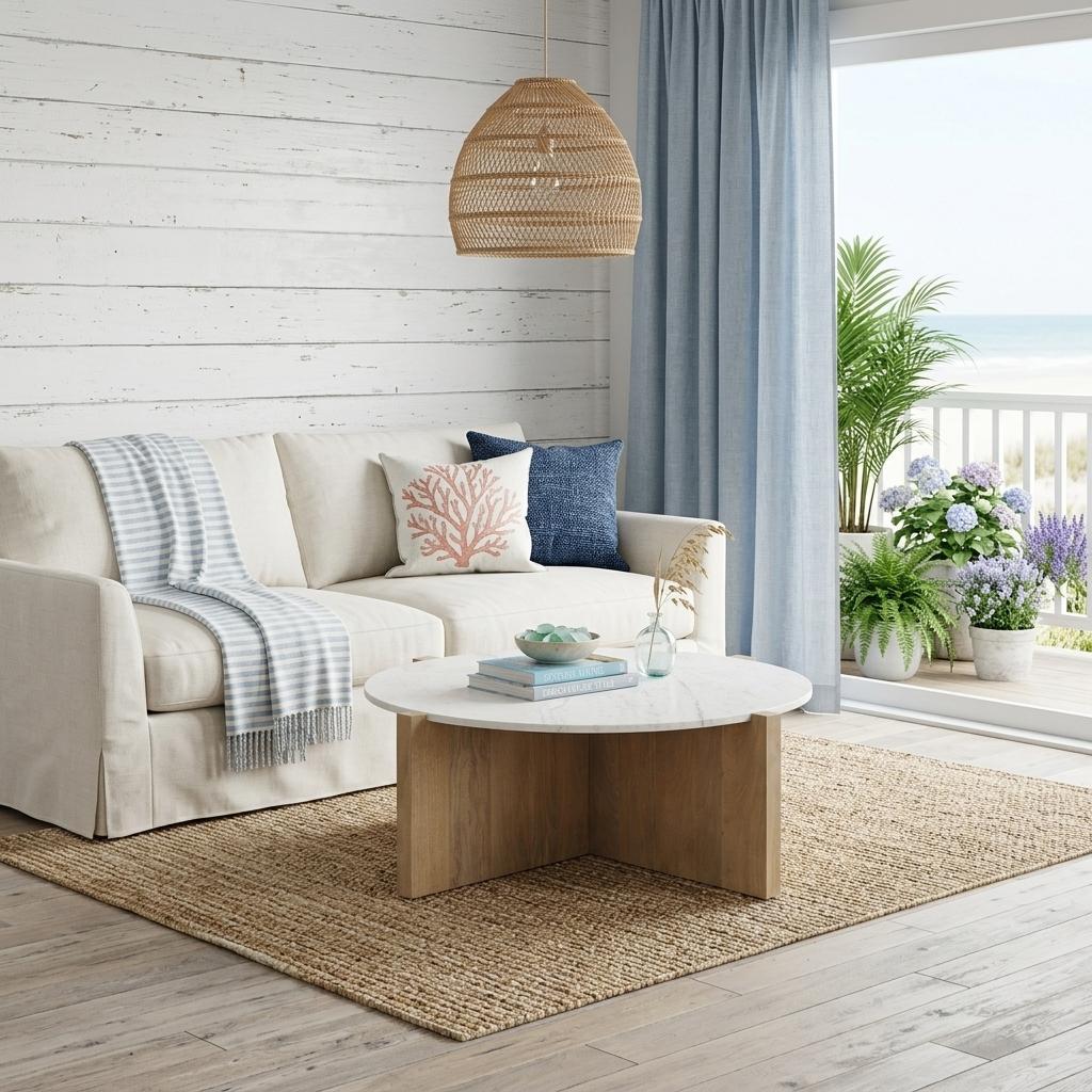 48" White and Brown Marble and Solid Wood Round Coffee Table