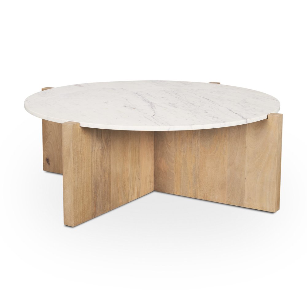 48" White and Brown Marble and Solid Wood Round Coffee Table