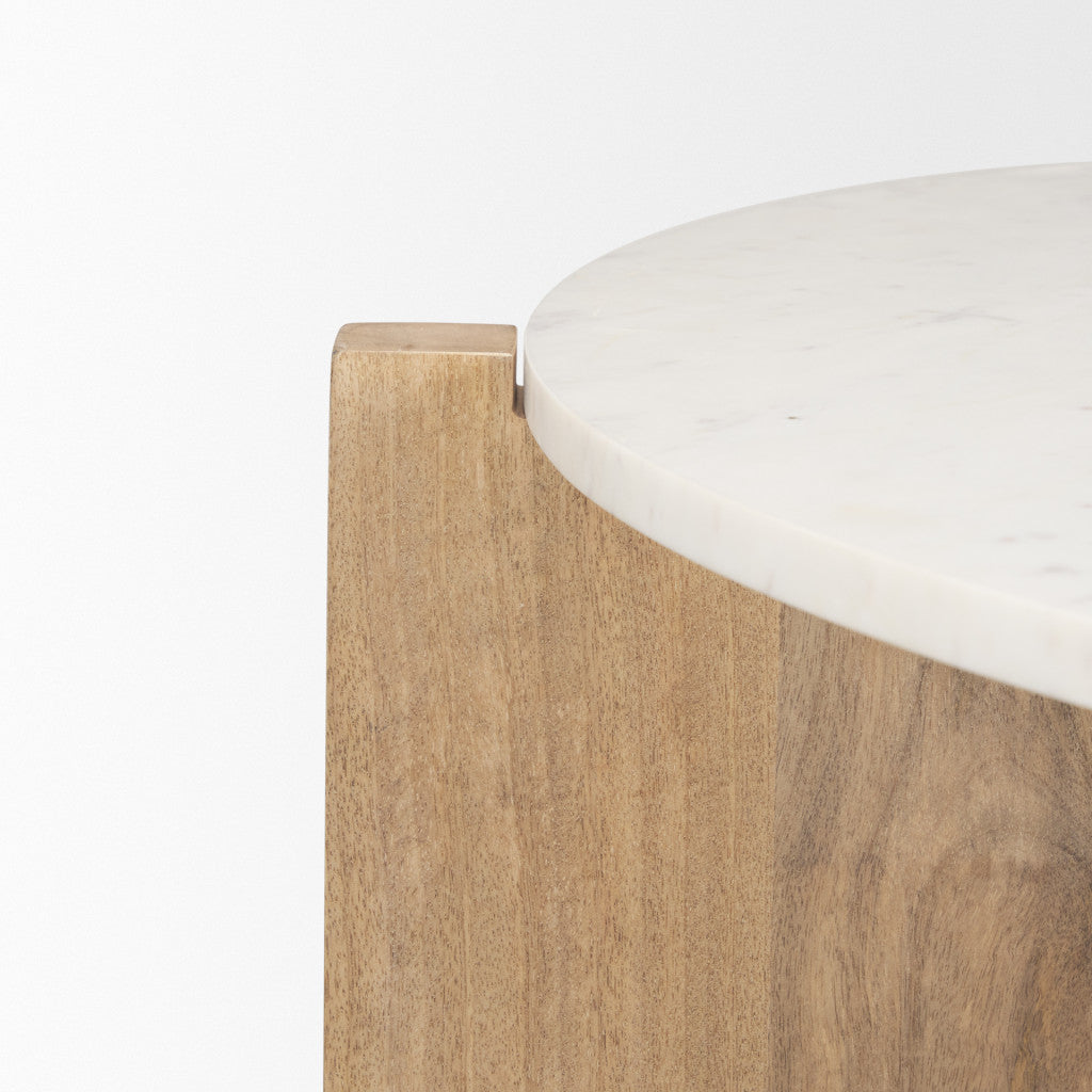 48" White and Brown Marble and Solid Wood Round Coffee Table