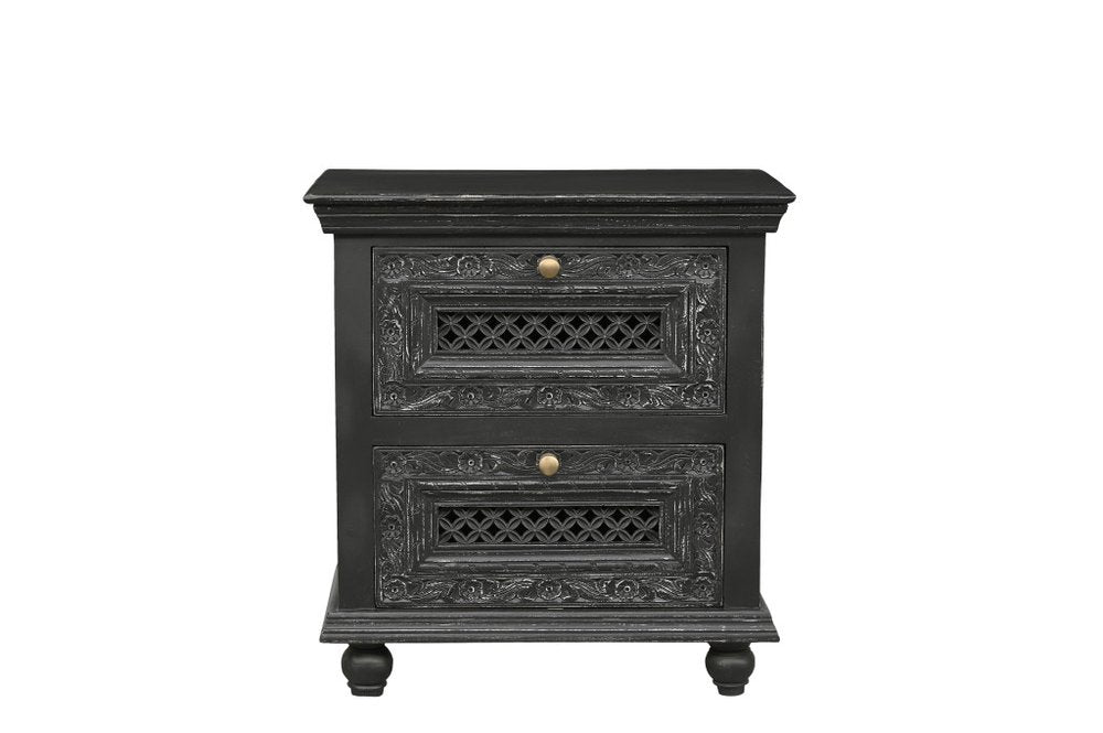 28" Black Solid Wood Square Distressed Carved Floral Two Drawer Nightstand