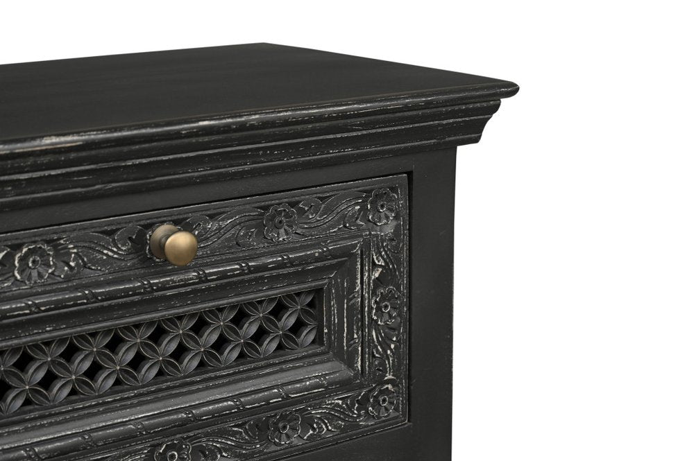 28" Black Solid Wood Square Distressed Carved Floral Two Drawer Nightstand