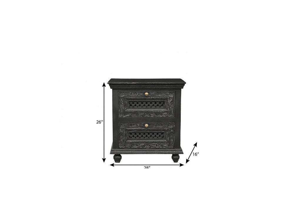 28" Black Solid Wood Square Distressed Carved Floral Two Drawer Nightstand