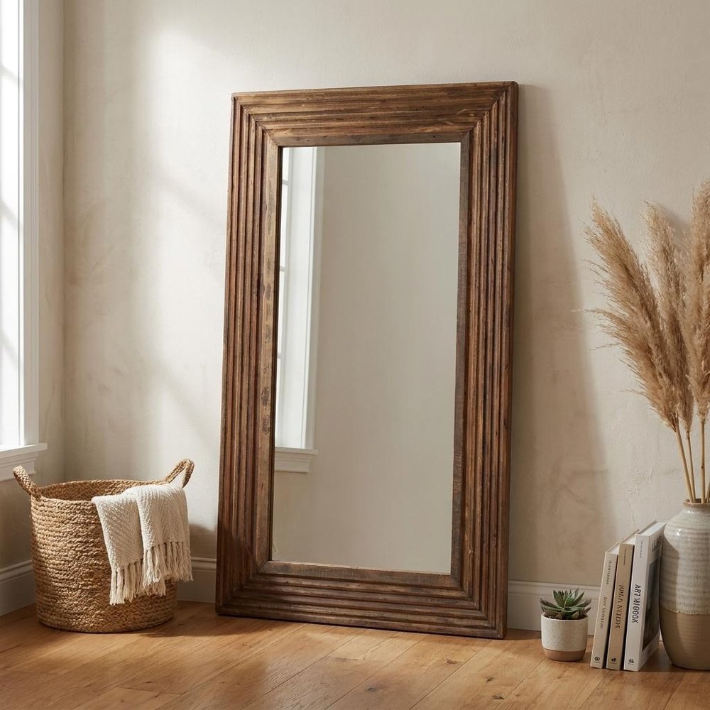 48" Brown Ribbed Solid Wood Wall Mounted And Leaning Framed Accent Mirror
