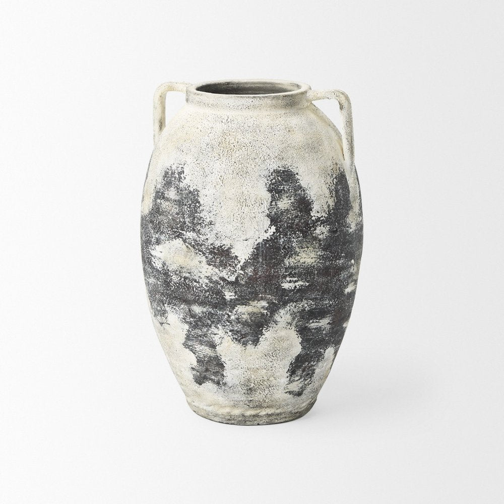 22" Black And White Ombre Ceramic Amphora Floor Vase