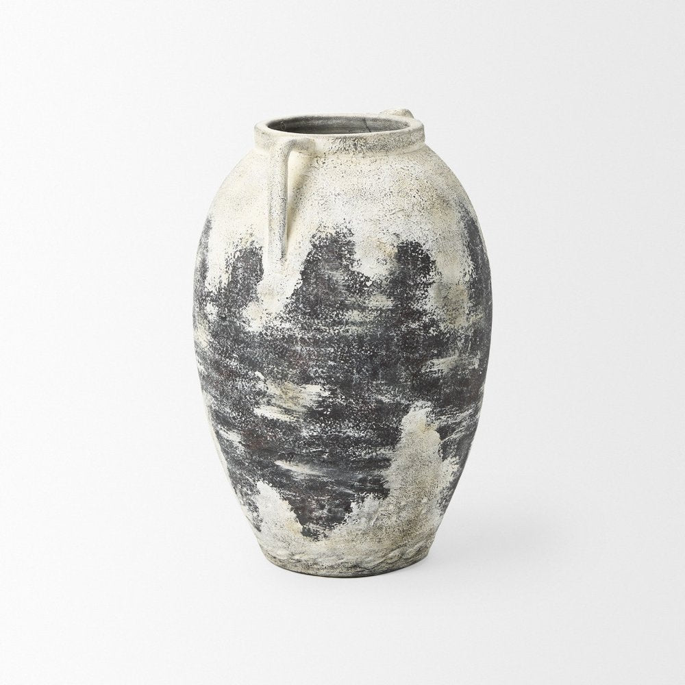 22" Black And White Ombre Ceramic Amphora Floor Vase