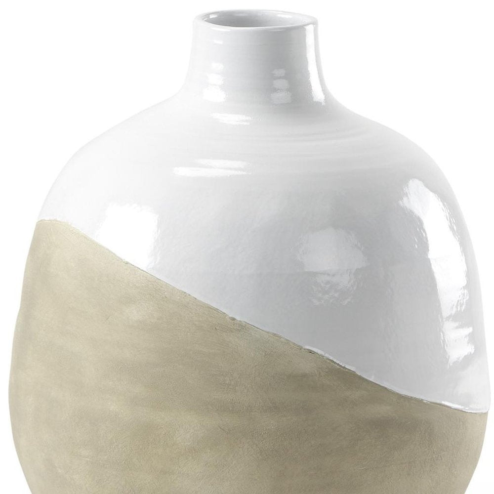 24" White And Beige Ombre Ceramic Round Floor Vase