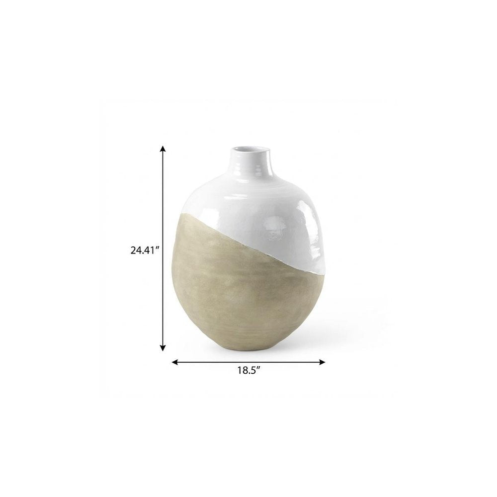 24" White And Beige Ombre Ceramic Round Floor Vase