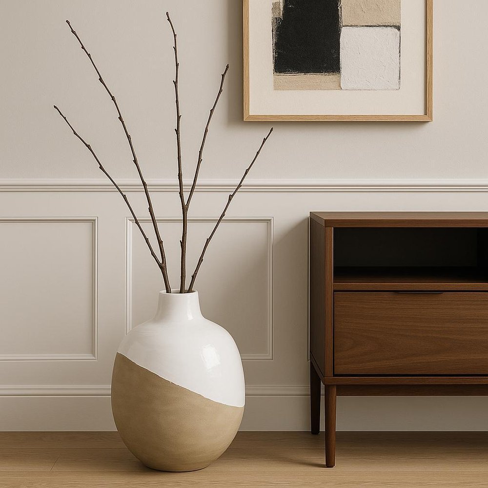 24" White And Beige Ombre Ceramic Round Floor Vase
