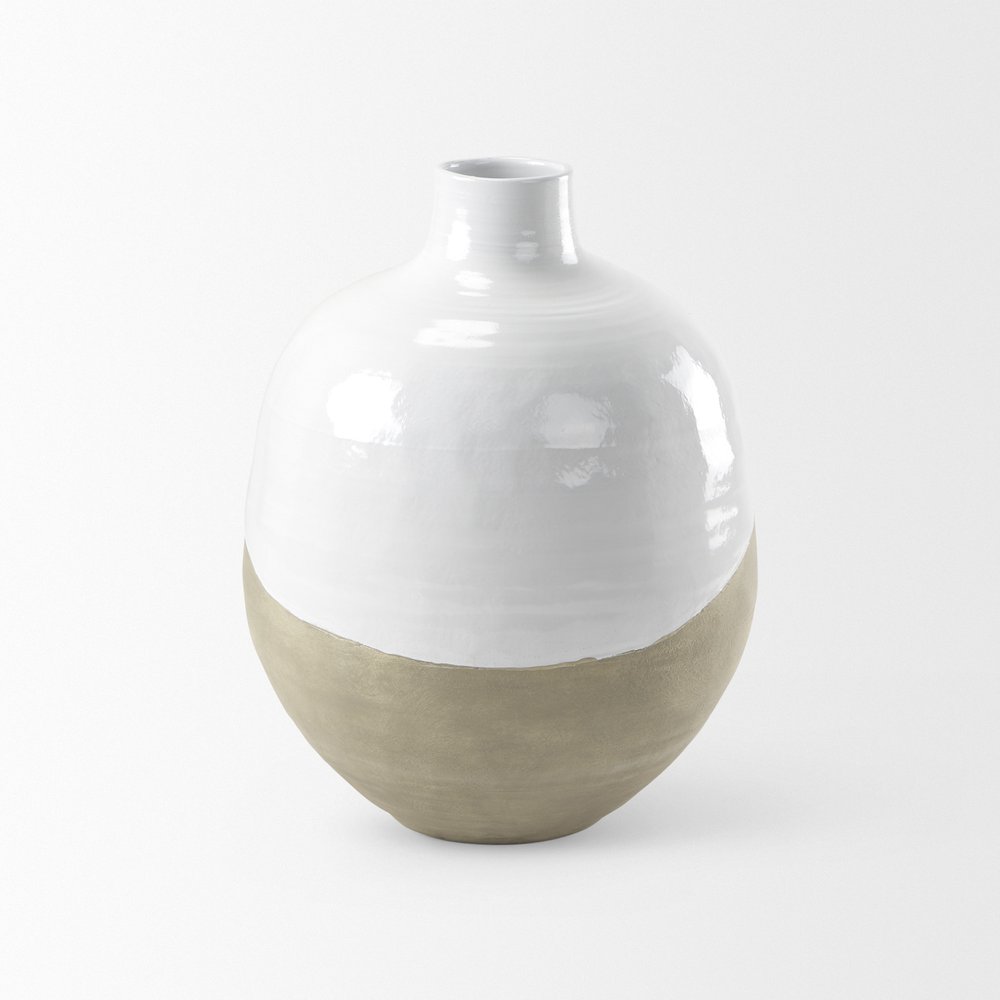 24" White And Beige Ombre Ceramic Round Floor Vase
