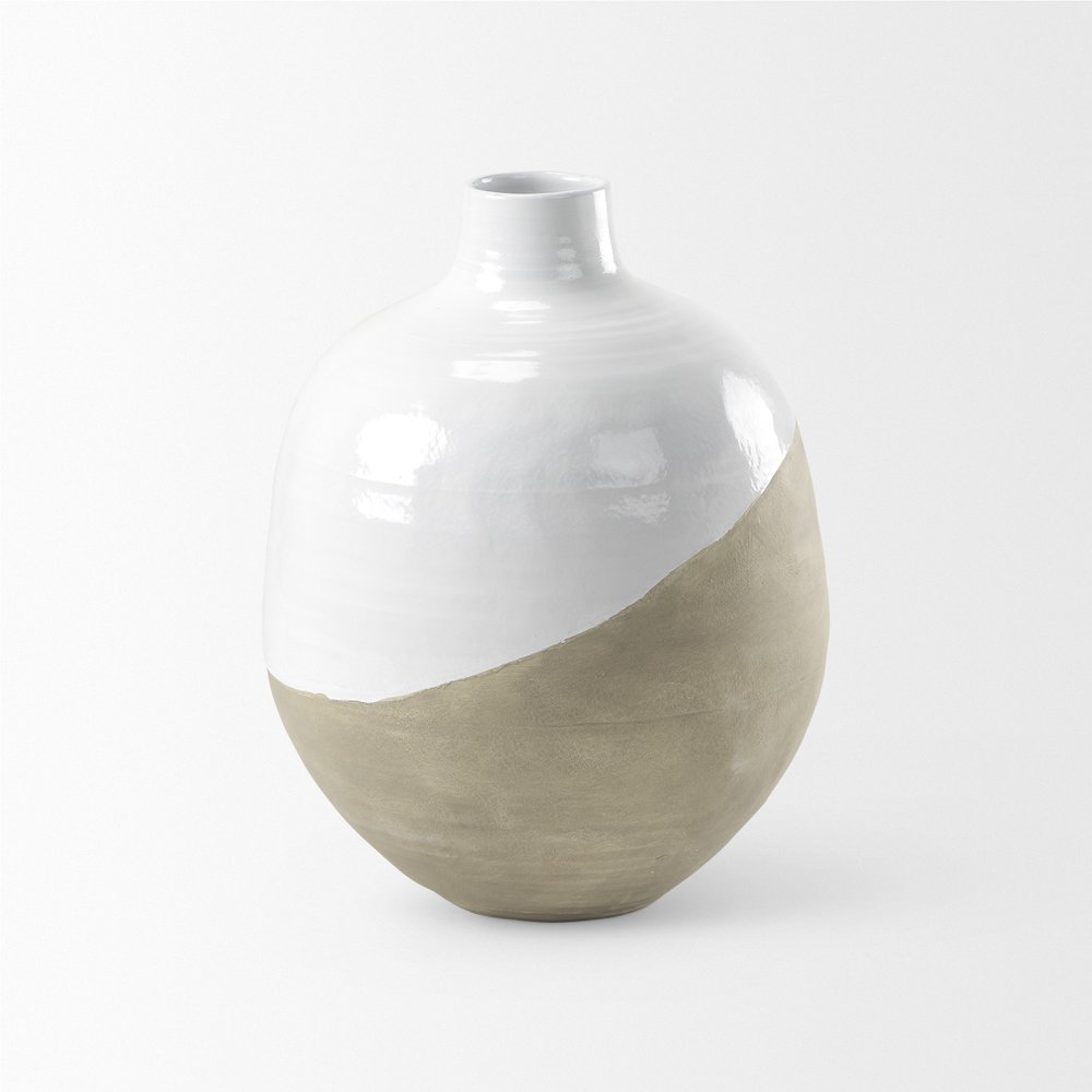 24" White And Beige Ombre Ceramic Round Floor Vase