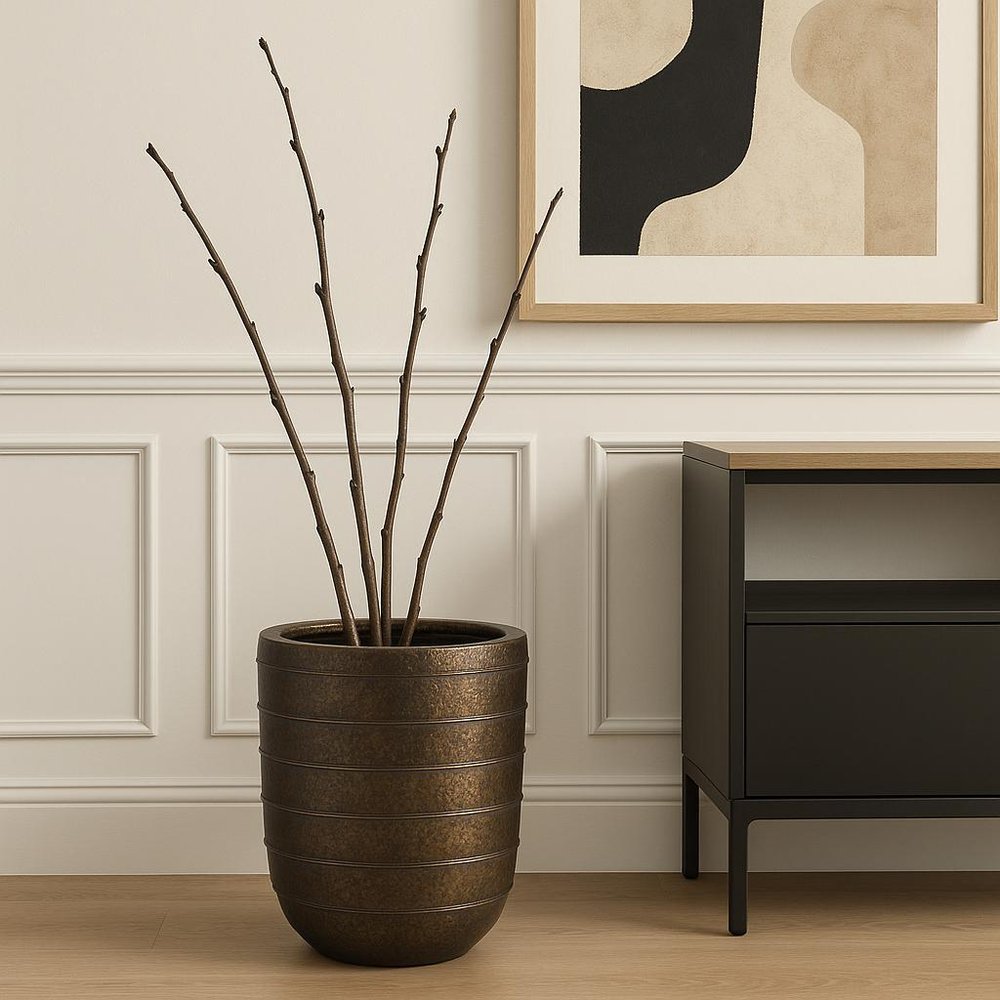 26" Antiqued Brass Metal Round Floor Vase