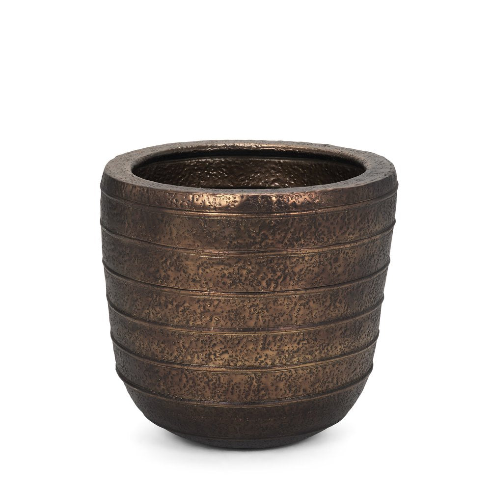 19" Antiqued Brass Metal Round Floor Vase