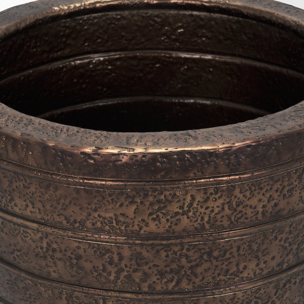 19" Antiqued Brass Metal Round Floor Vase