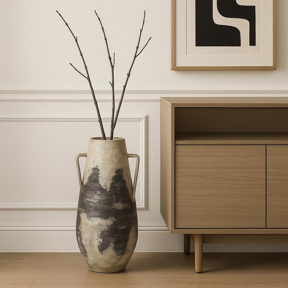 29" Black And White Ombre Ceramic Amphora Floor Vase