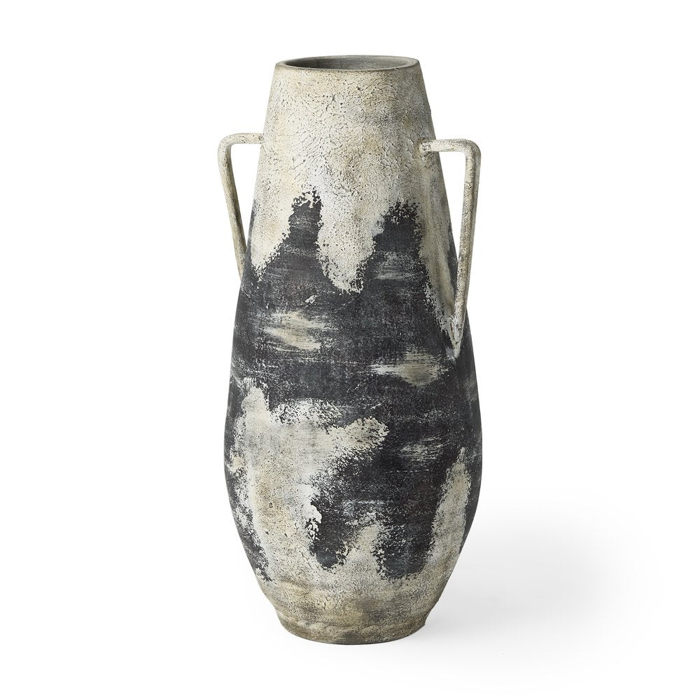 29" Black And White Ombre Ceramic Amphora Floor Vase