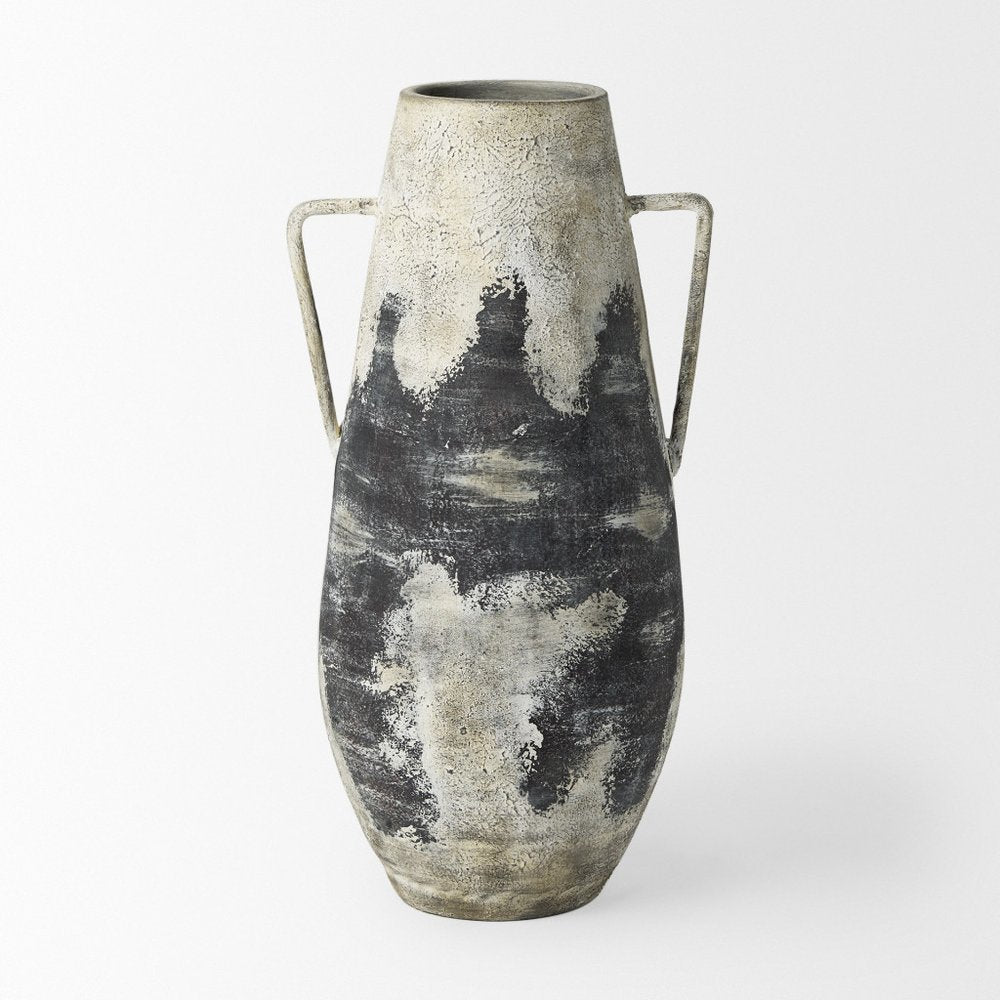 29" Black And White Ombre Ceramic Amphora Floor Vase