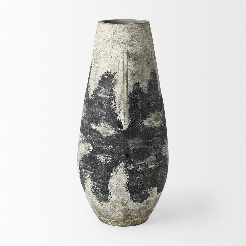 29" Black And White Ombre Ceramic Amphora Floor Vase
