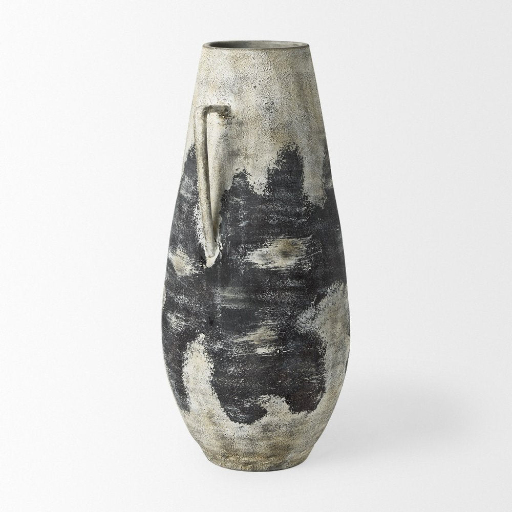 29" Black And White Ombre Ceramic Amphora Floor Vase