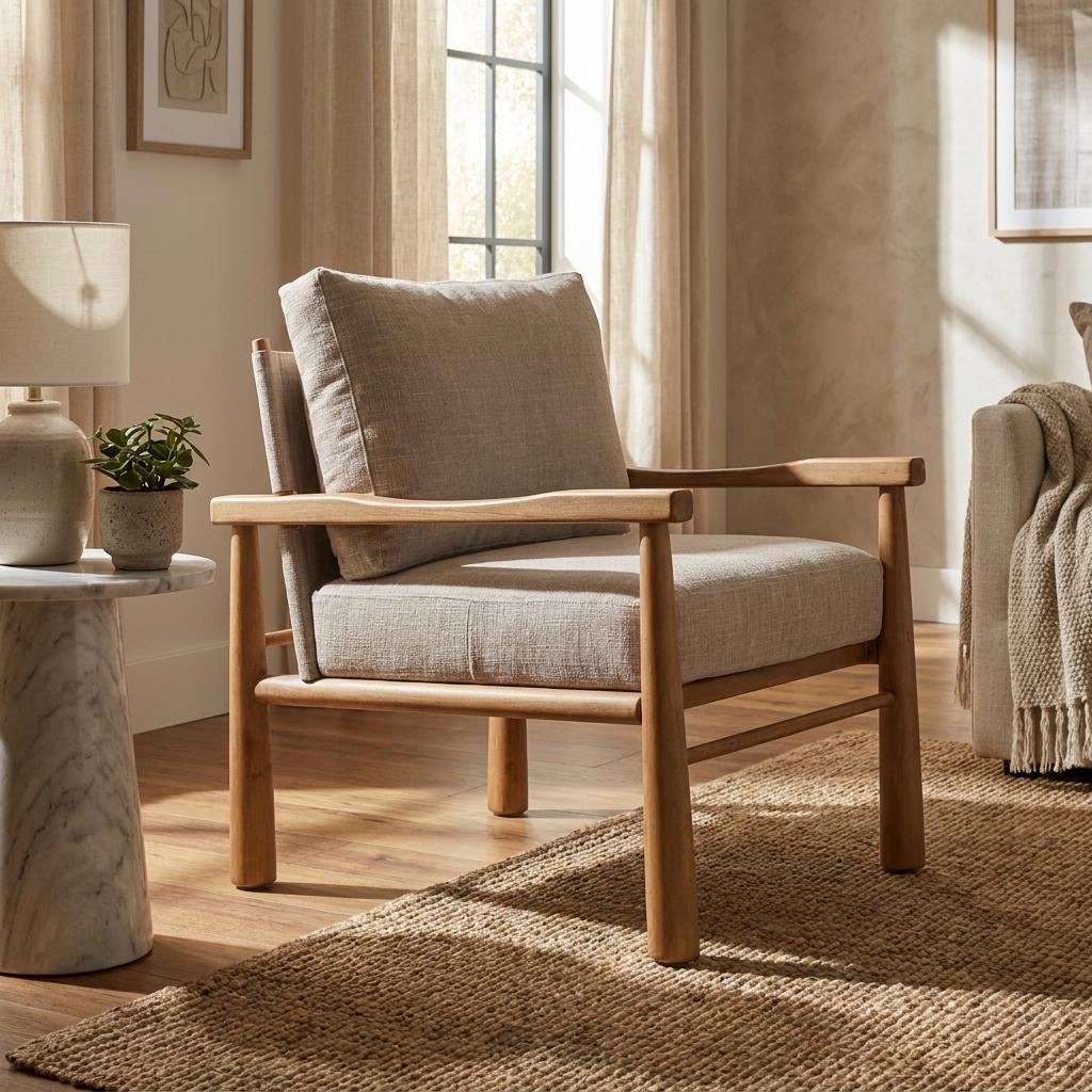 30" Gray And Light Brown Fabric And Solid Wood Lounge Chair