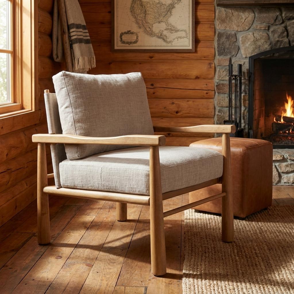 30" Gray And Light Brown Fabric And Solid Wood Lounge Chair