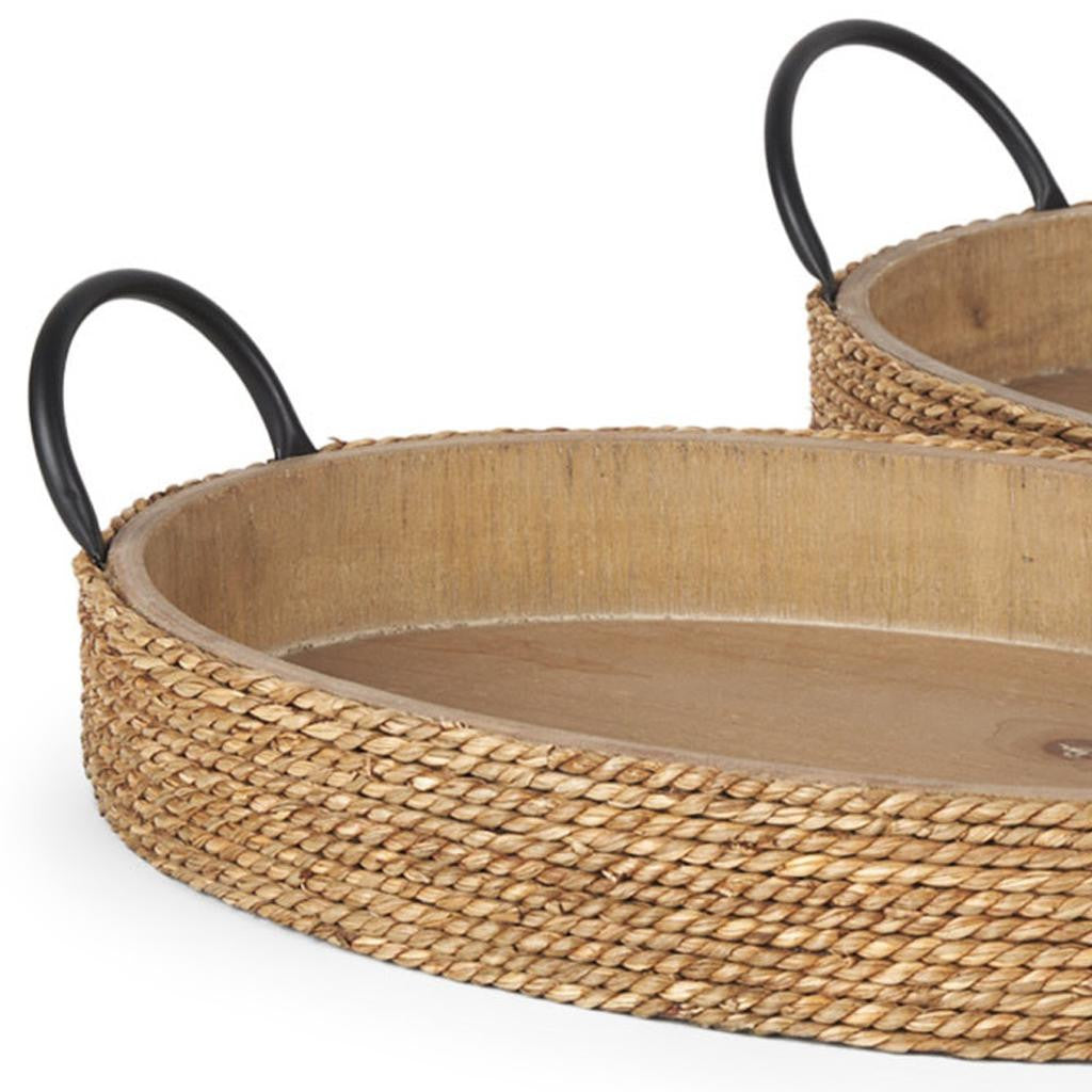 Set of Two Natural and Black Jute Metal And Solid Wood Oval Serving Trays With Handles