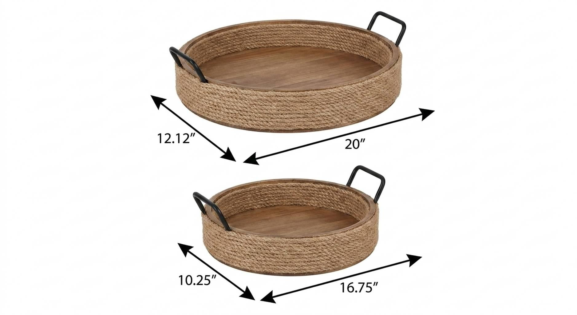 Set of Two Natural and Black Jute Metal And Solid Wood Oval Serving Trays With Handles