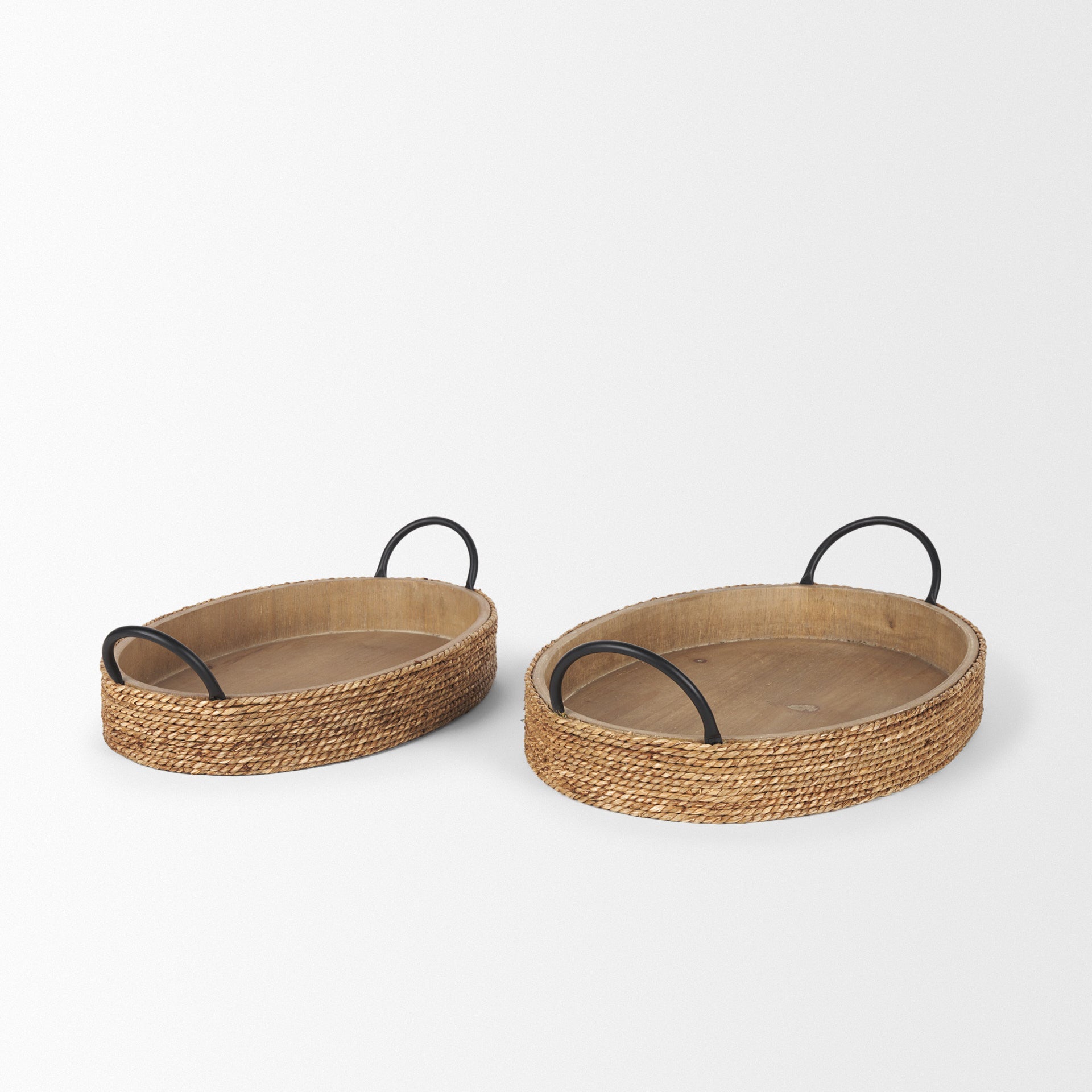Set of Two Natural and Black Jute Metal And Solid Wood Oval Serving Trays With Handles