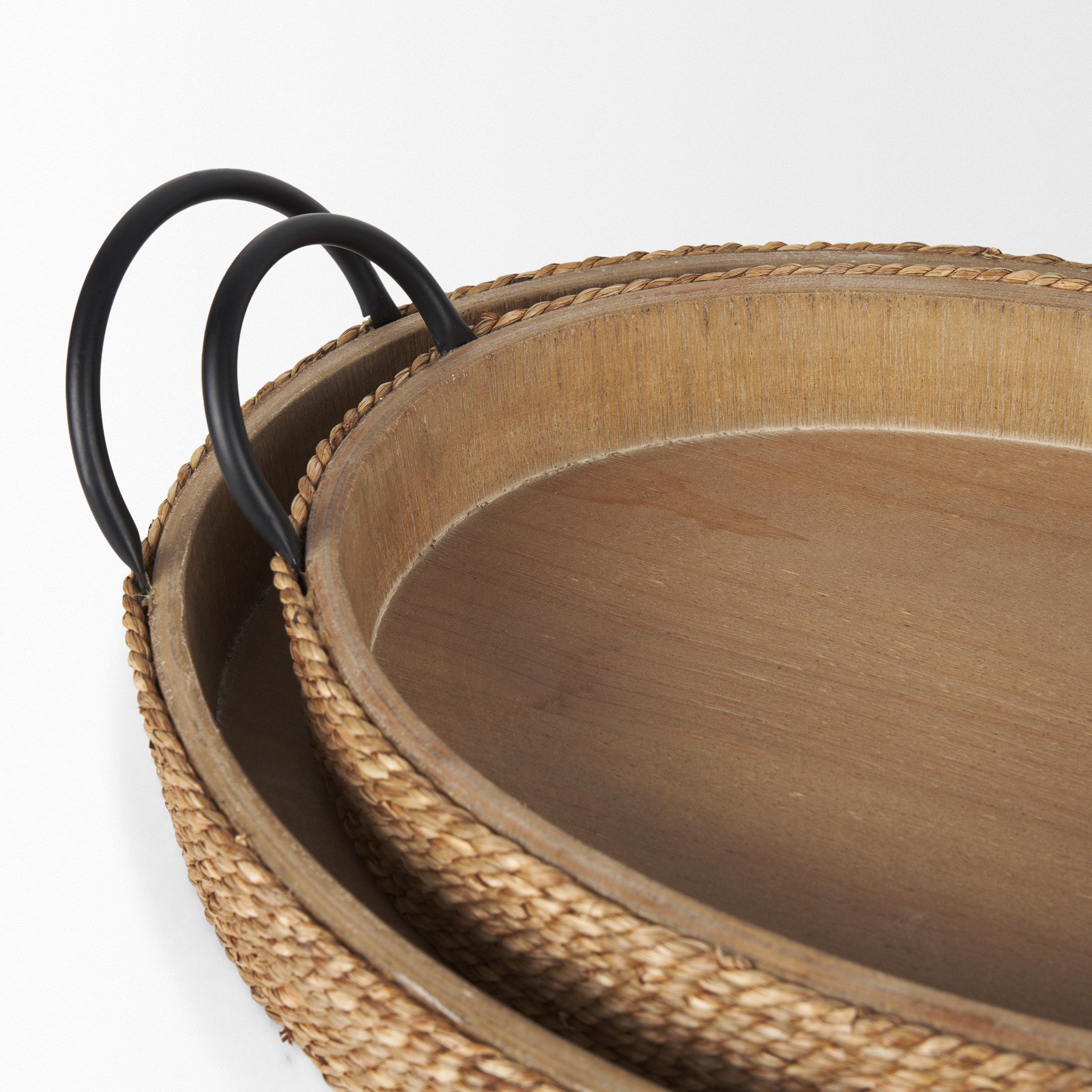 Set of Two Natural and Black Jute Metal And Solid Wood Oval Serving Trays With Handles