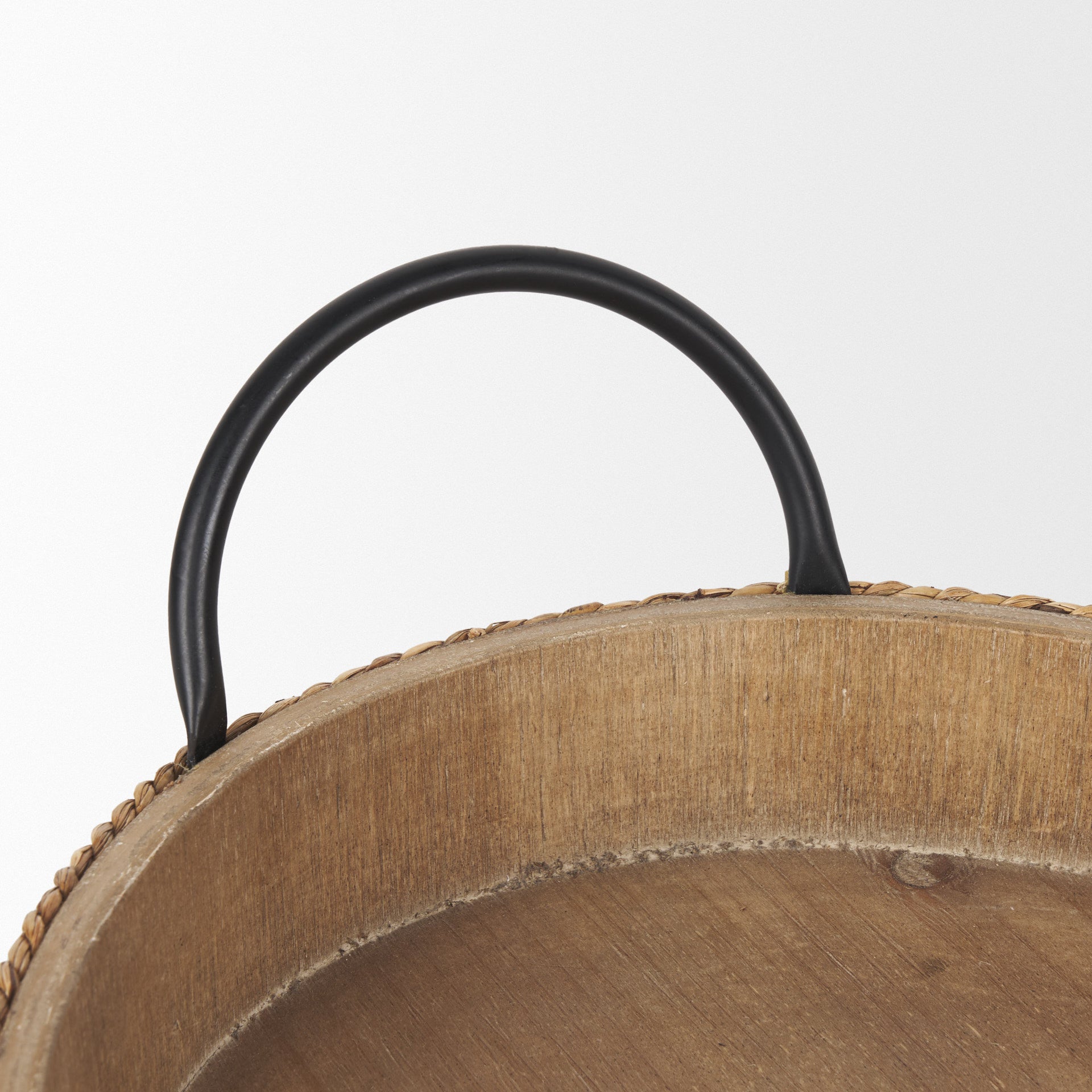 Set of Two Natural and Black Jute Metal And Solid Wood Oval Serving Trays With Handles