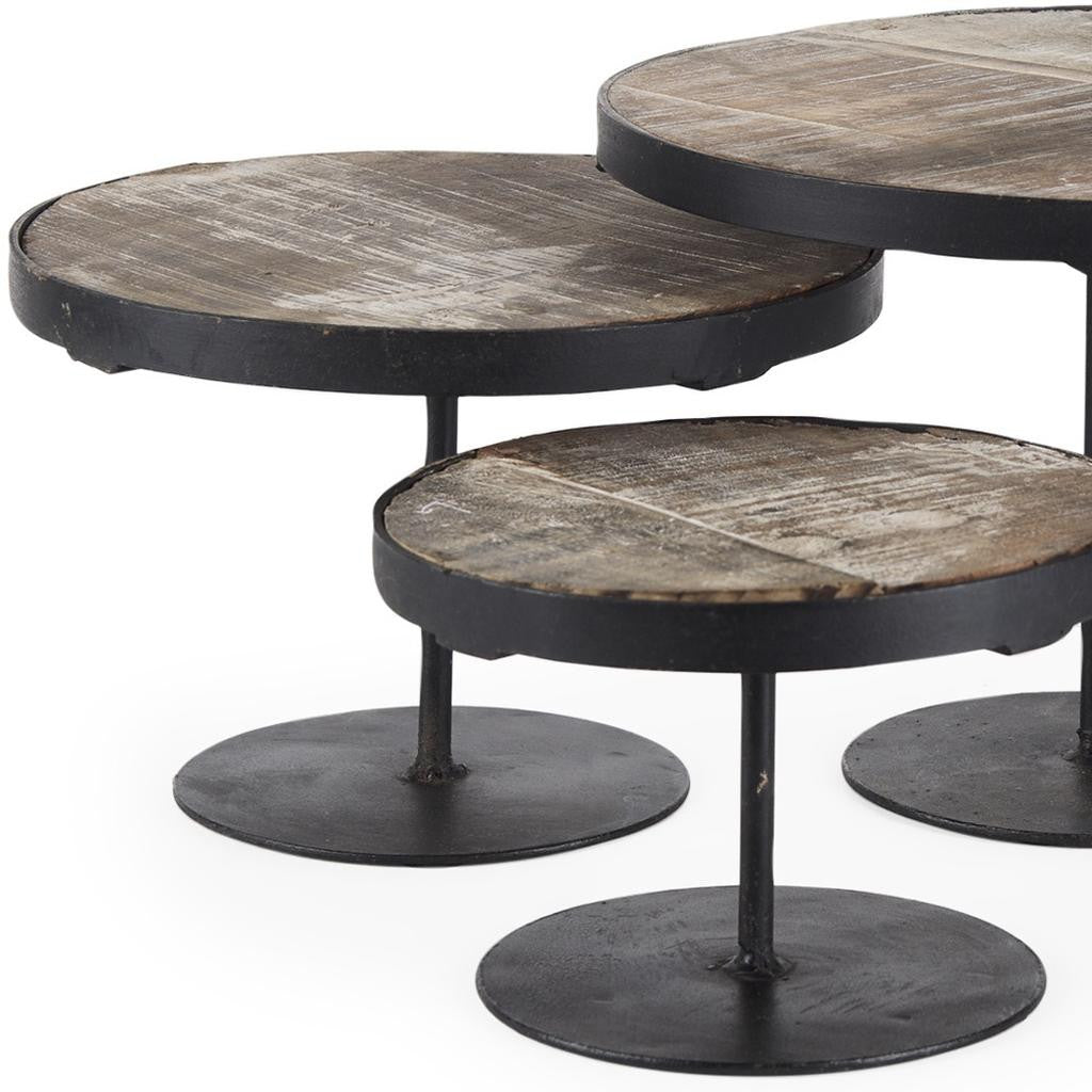 Set of Three Black And Light Brown Iron And Solid Wood Round Risers