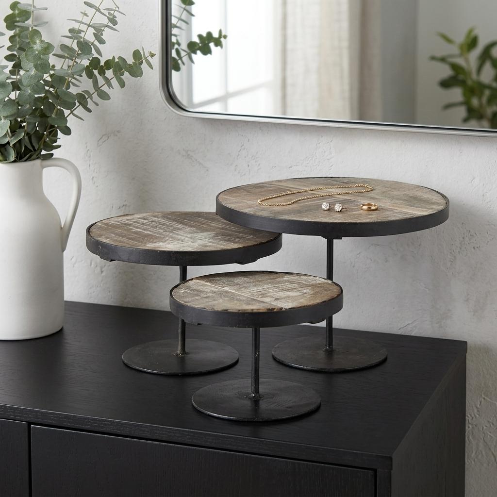 Set of Three Black And Light Brown Iron And Solid Wood Round Risers