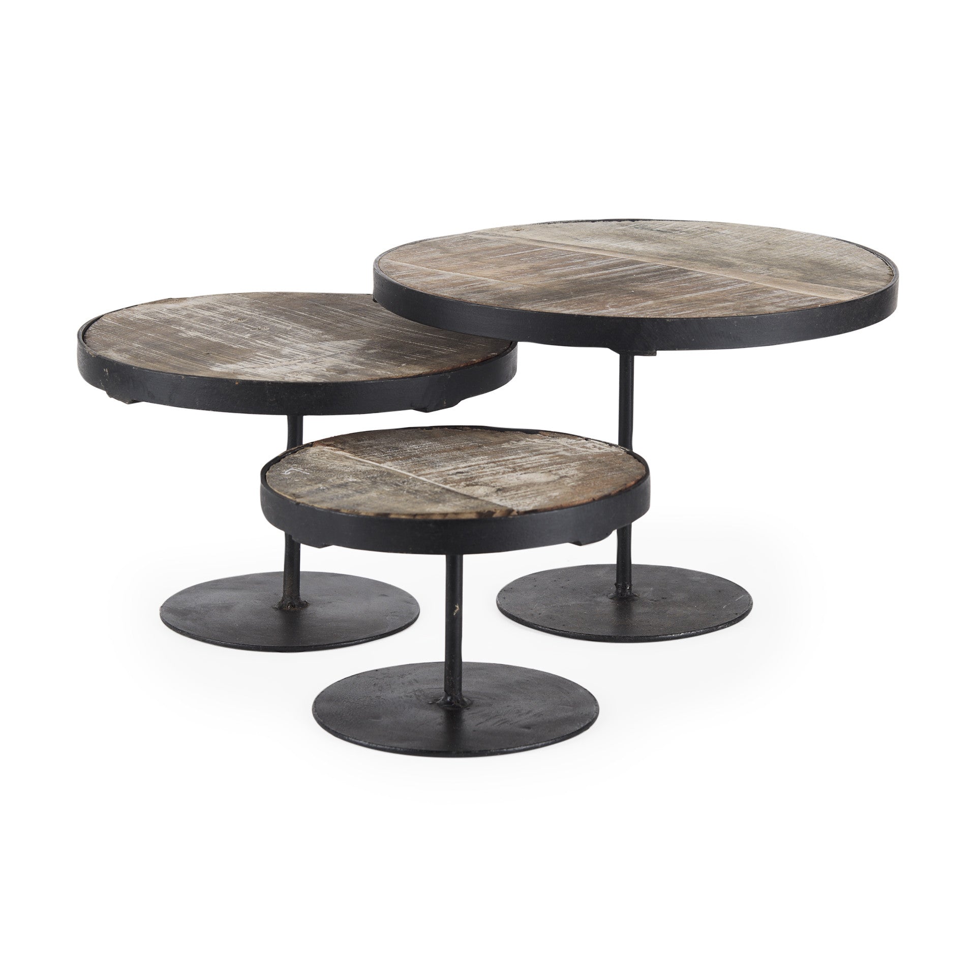 Set of Three Black And Light Brown Iron And Solid Wood Round Risers