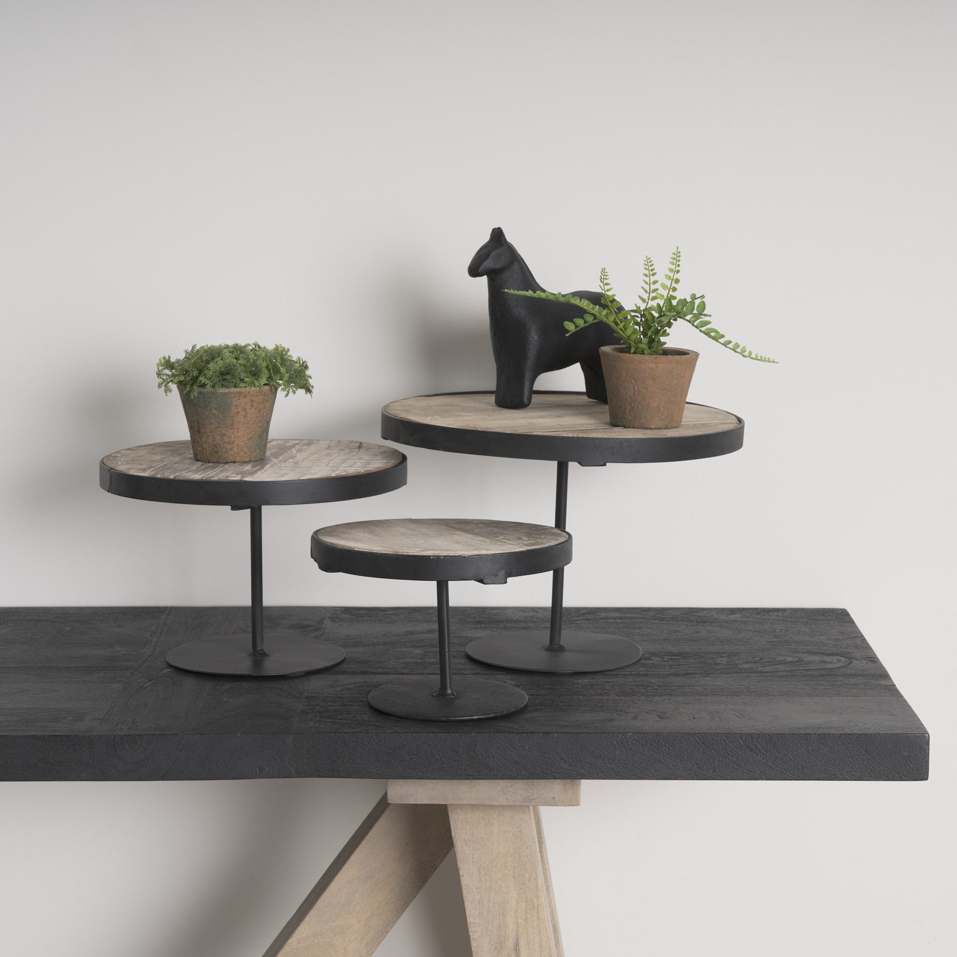 Set of Three Black And Light Brown Iron And Solid Wood Round Risers
