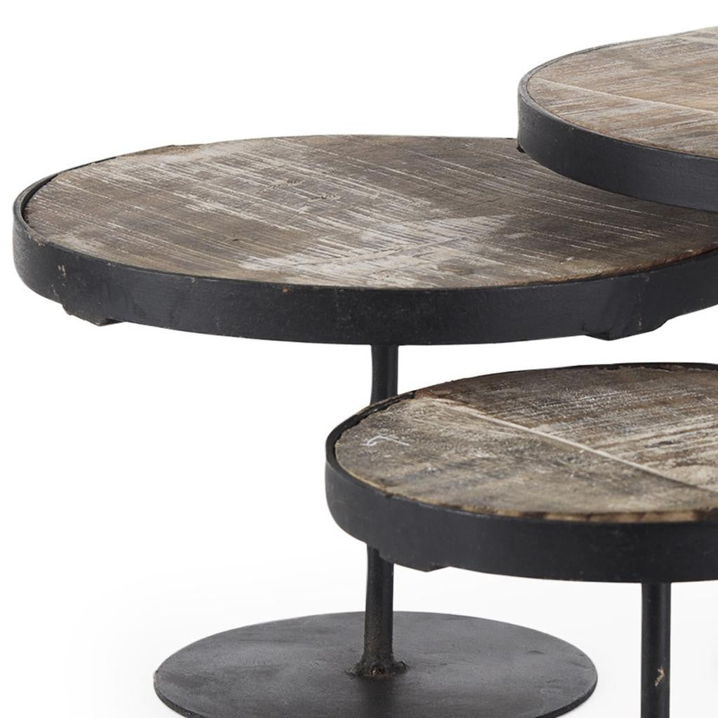 Set of Three Black And Light Brown Iron And Solid Wood Round Risers