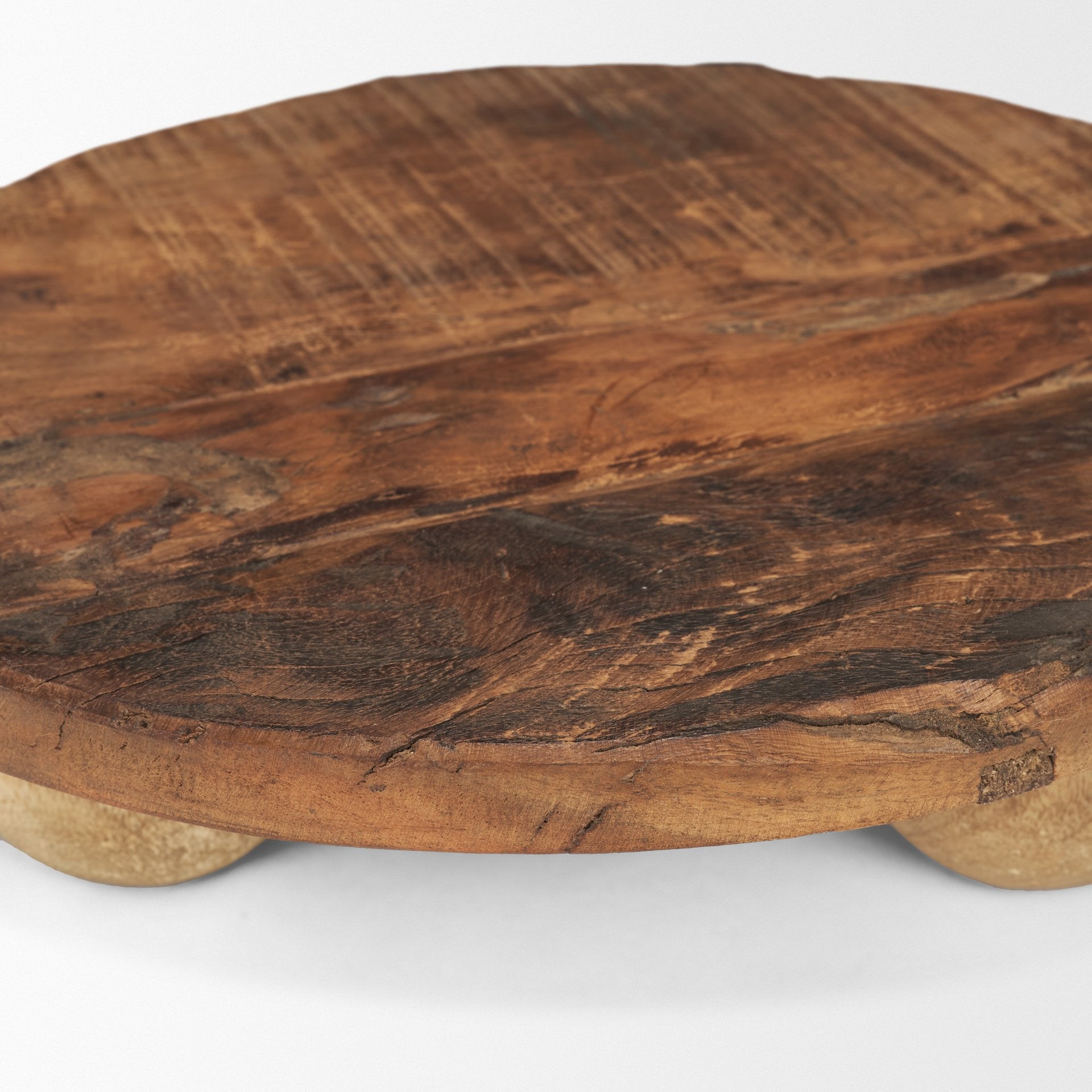12" Brown Reclaimed Wood Hand Finished Round Riser Tray