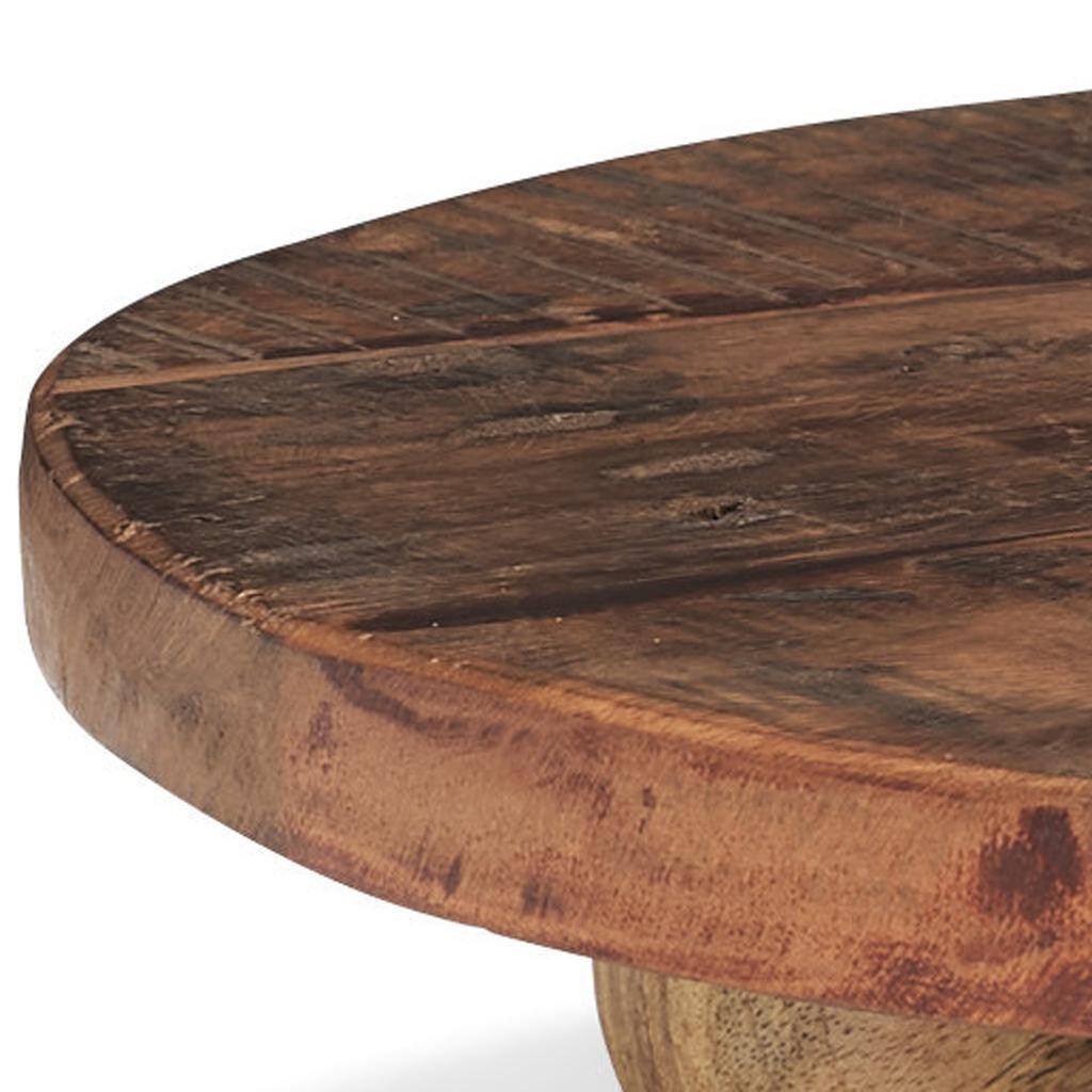 14" Brown Reclaimed Wood Hand Finished Round Riser Tray