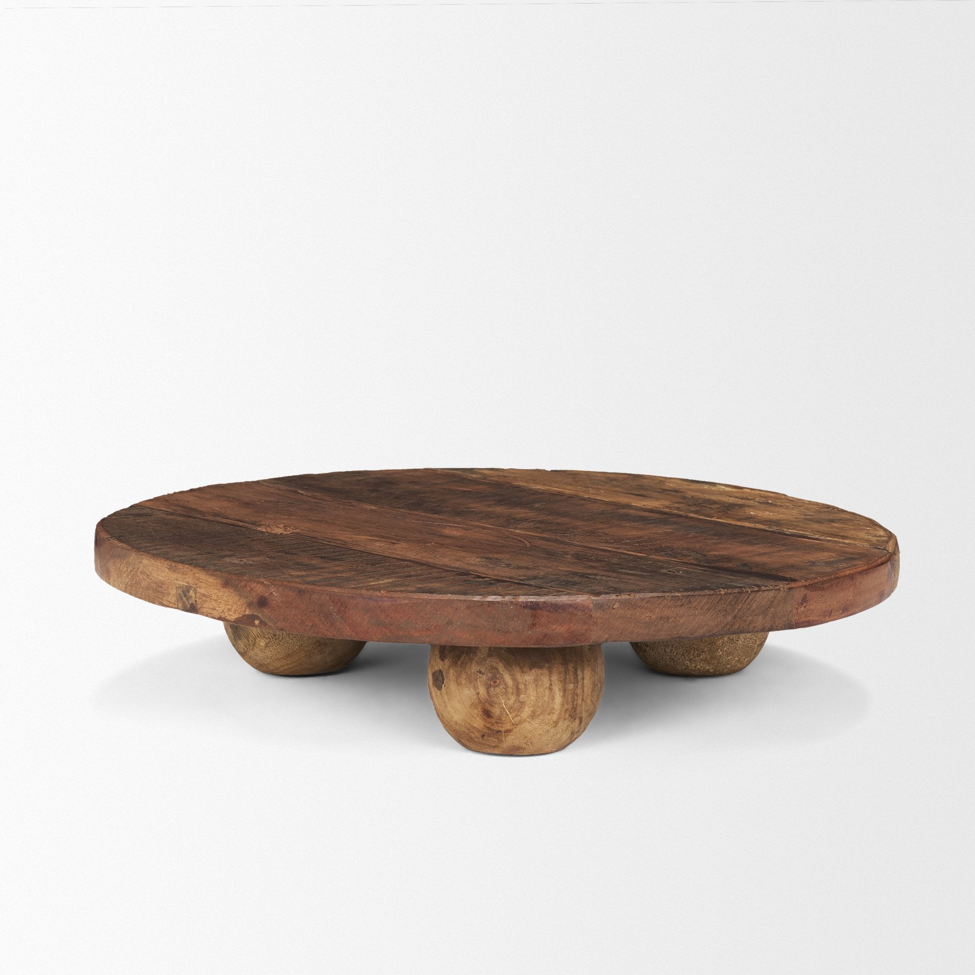 14" Brown Reclaimed Wood Hand Finished Round Riser Tray