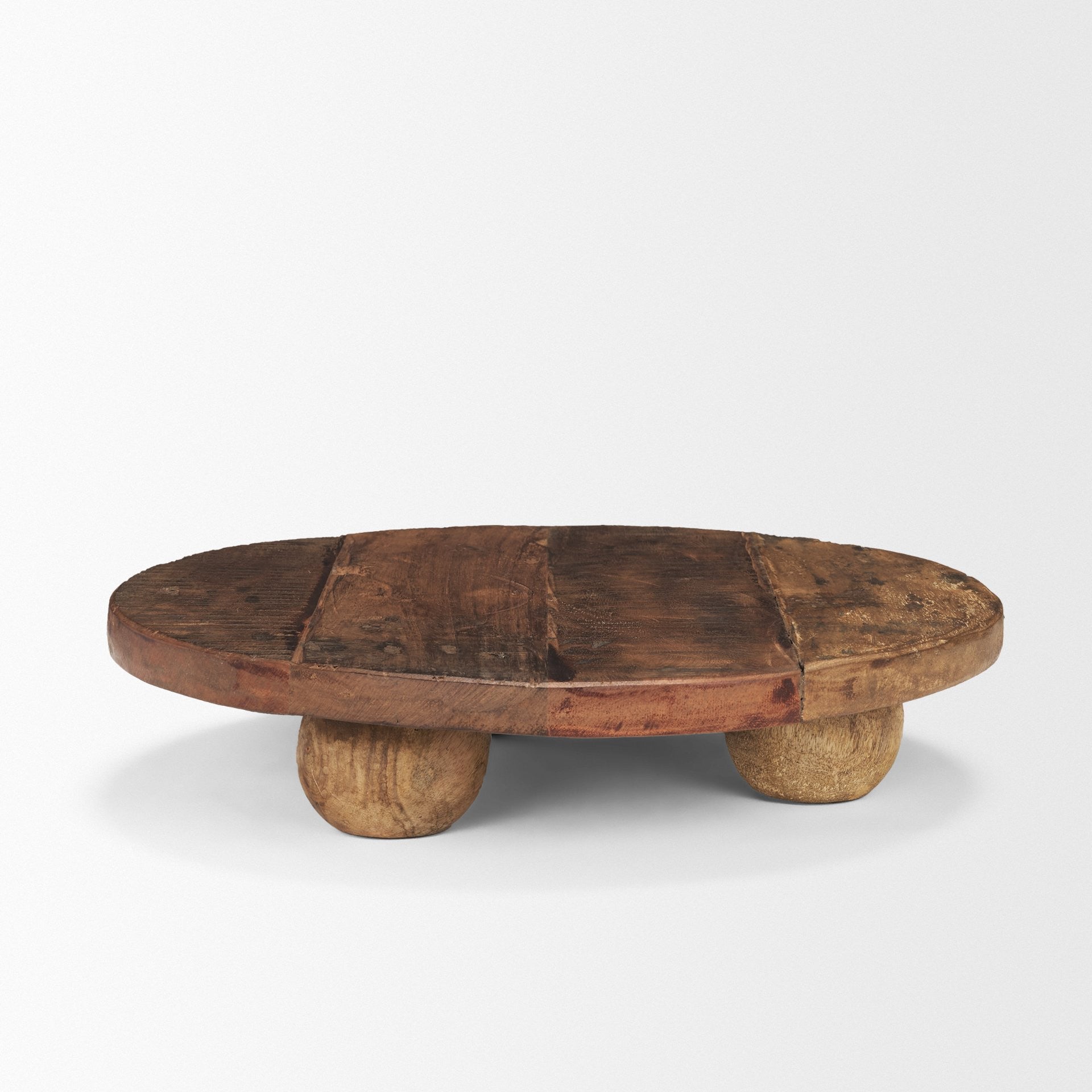 14" Brown Reclaimed Wood Hand Finished Round Riser Tray