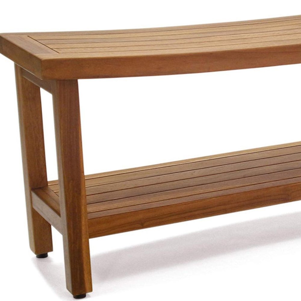 18" X 48" Brown Teak Rectangular Shower Bench With Shelf