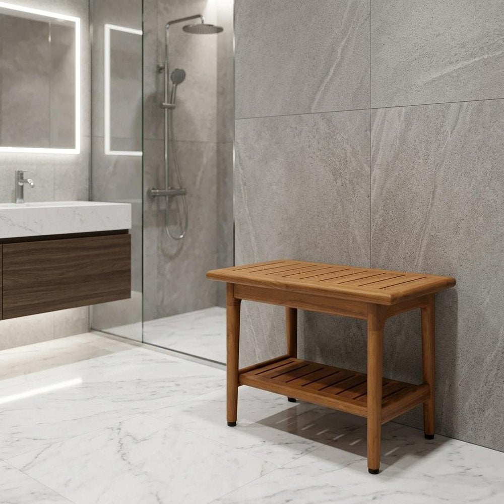 18" X 24" Brown Teak Rectangular Shower Bench With Shelf