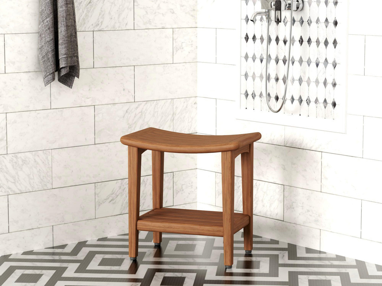 18" X 18" Brown Teak Rectangular Shower Bench With Shelf