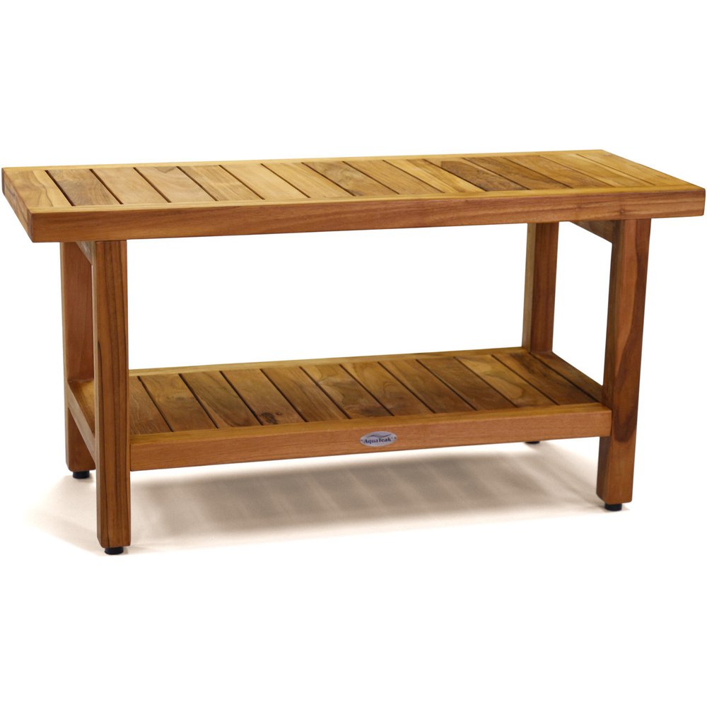 18" X 36" Brown Teak Rectangular Shower Bench With Shelf