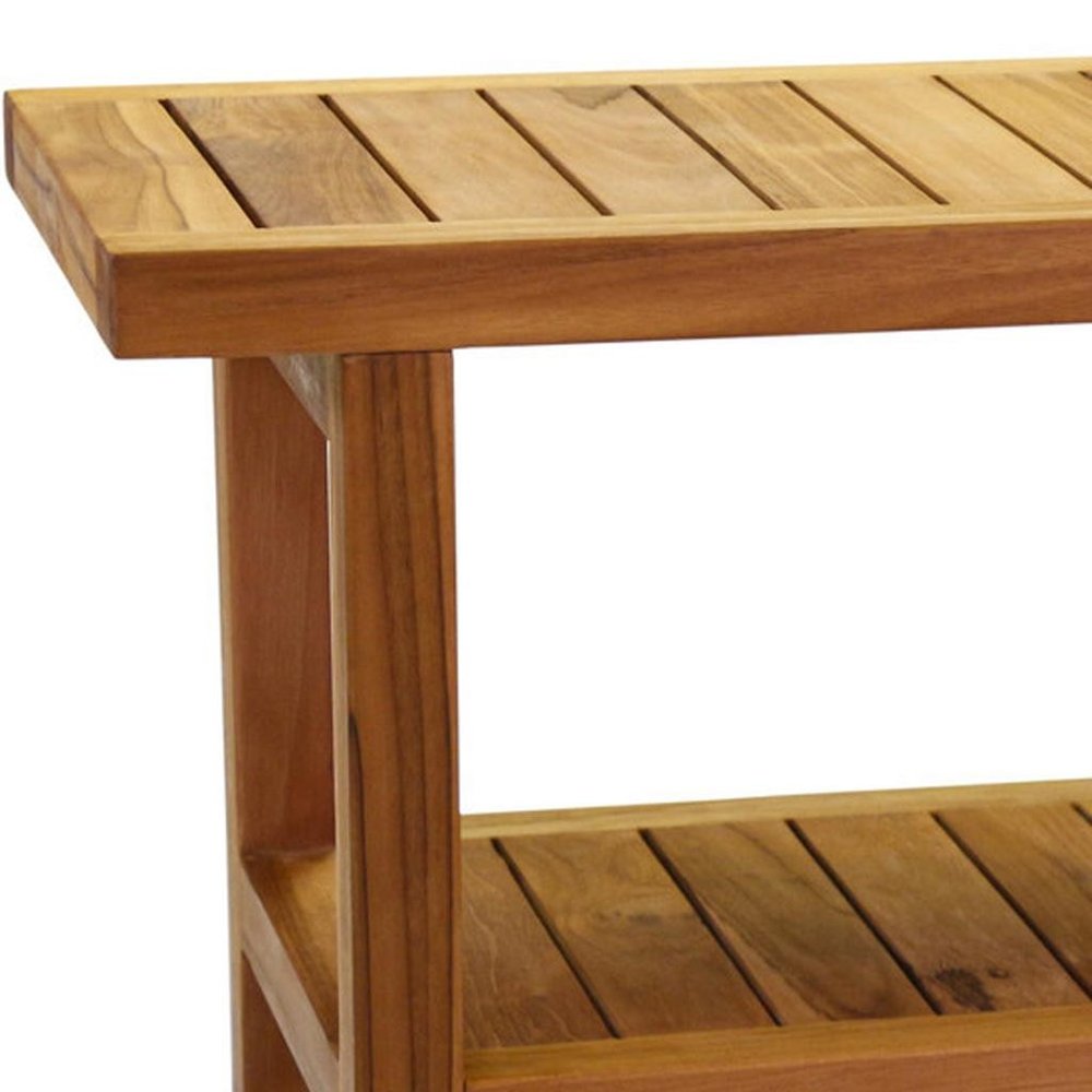 18" X 36" Brown Teak Rectangular Shower Bench With Shelf