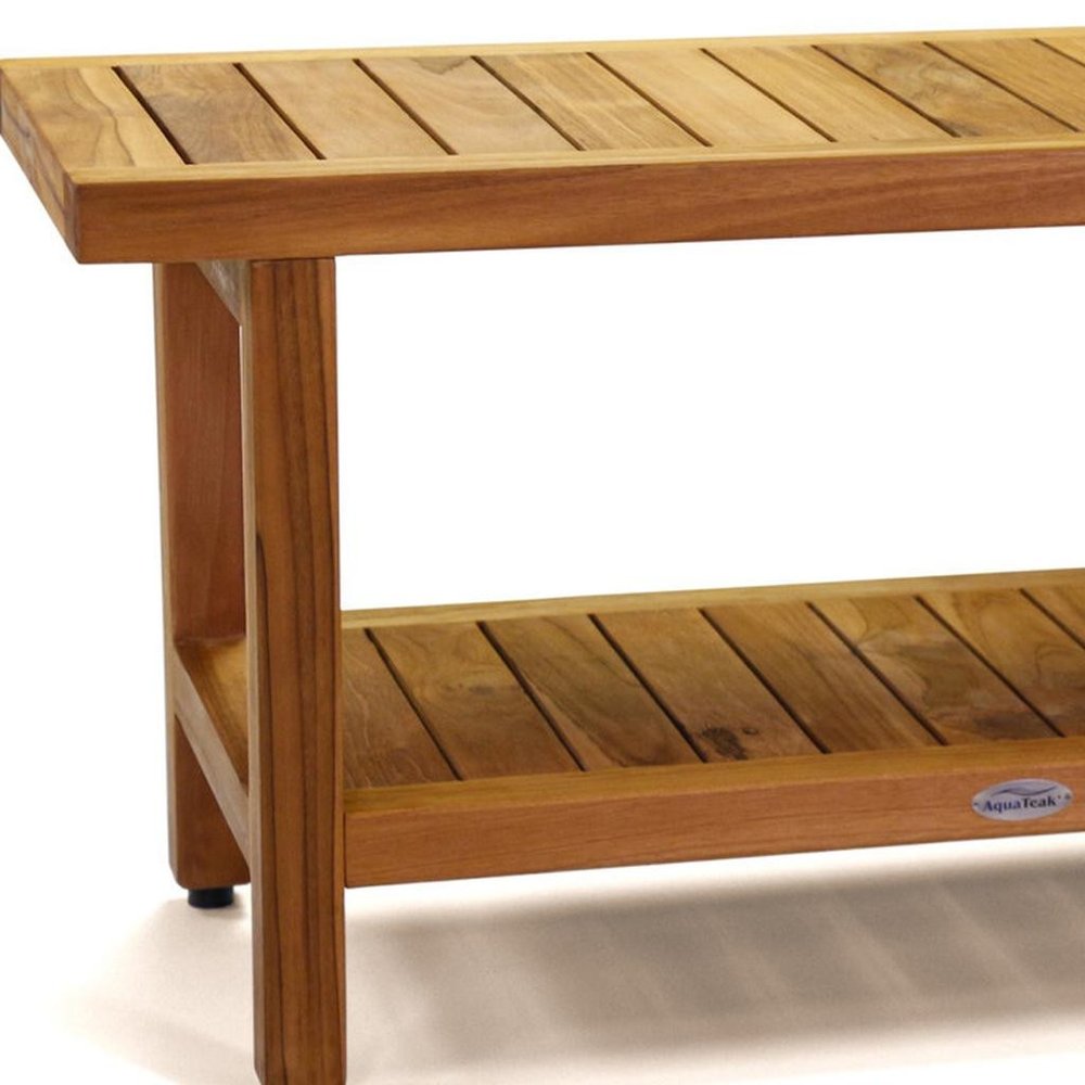 18" X 36" Brown Teak Rectangular Shower Bench With Shelf