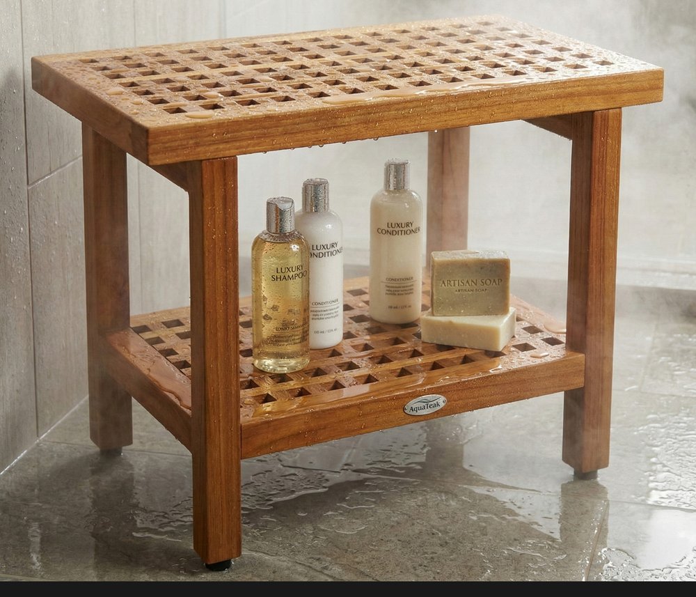 18" X 24" Brown Teak Rectangular Shower Bench With Shelf