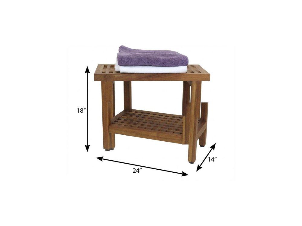 18" X 24" Brown Teak Rectangular Shower Bench With Shelf
