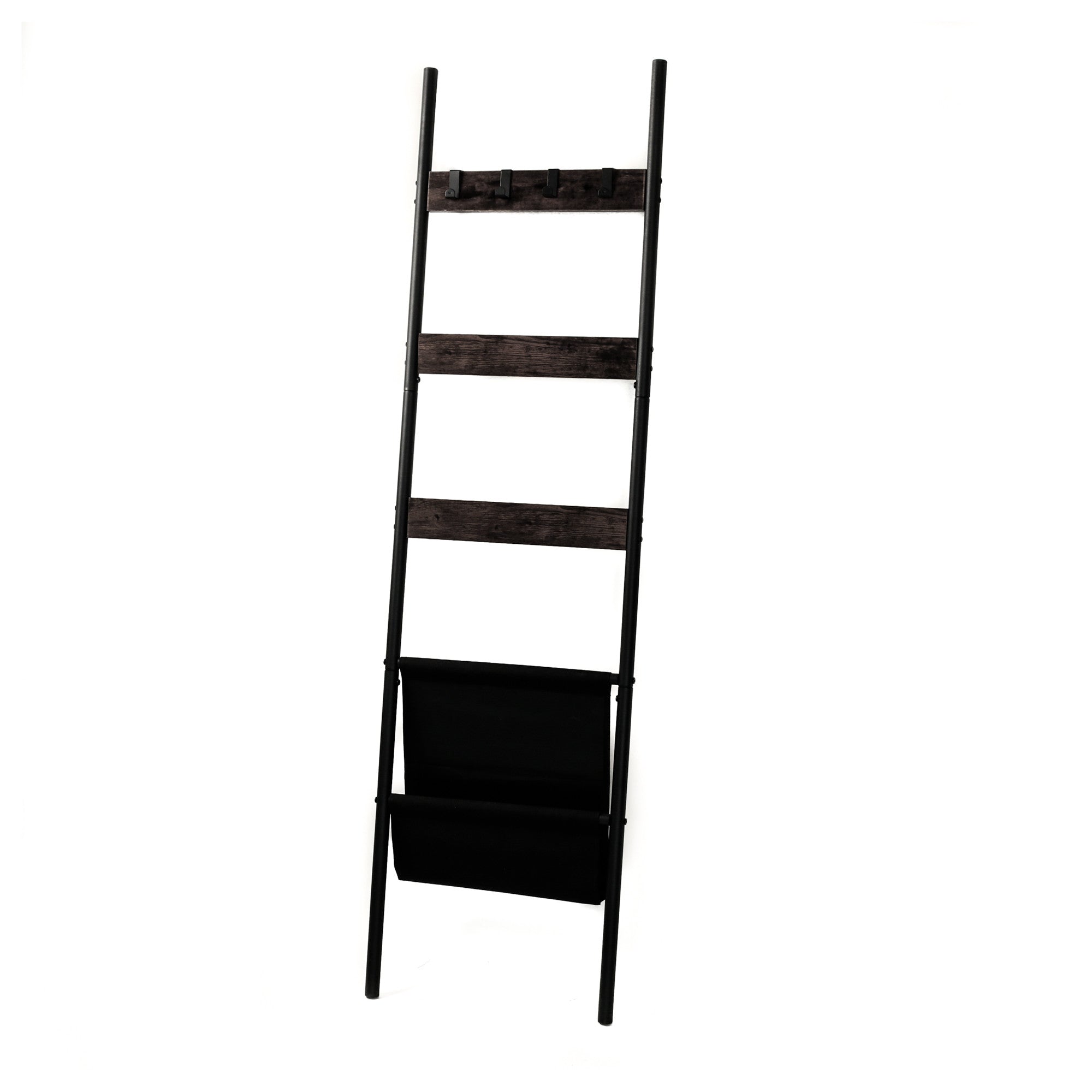 63" Black Metal Blanket Ladder With Magazine Storage