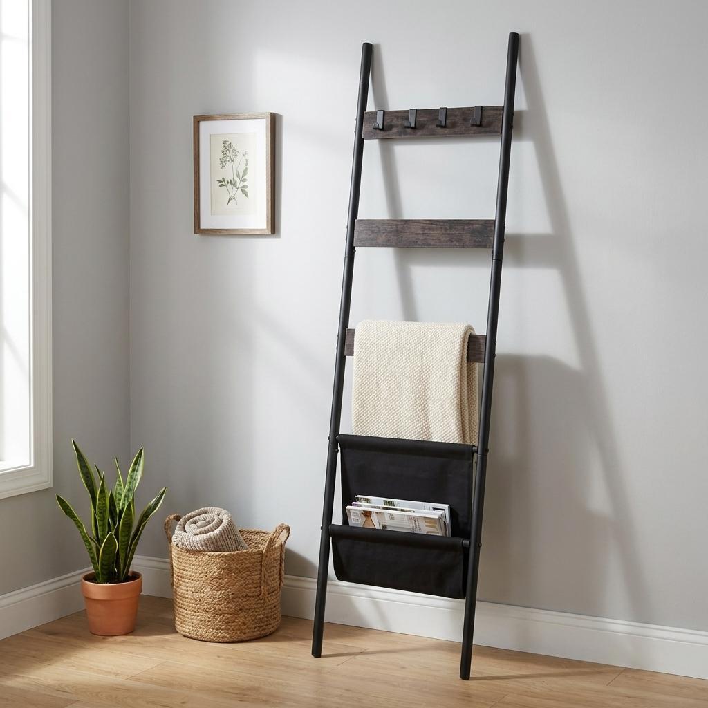 63" Black Metal Blanket Ladder With Magazine Storage